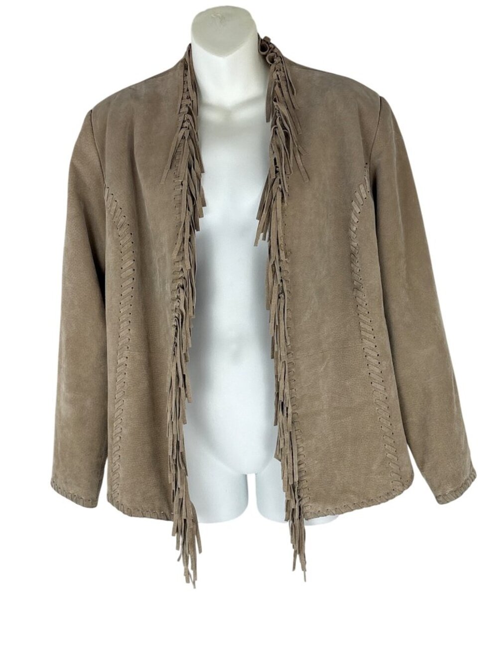 Chico's Suede Leather Fringe Western Jacket Size 2 Large Whipstitch Open Front